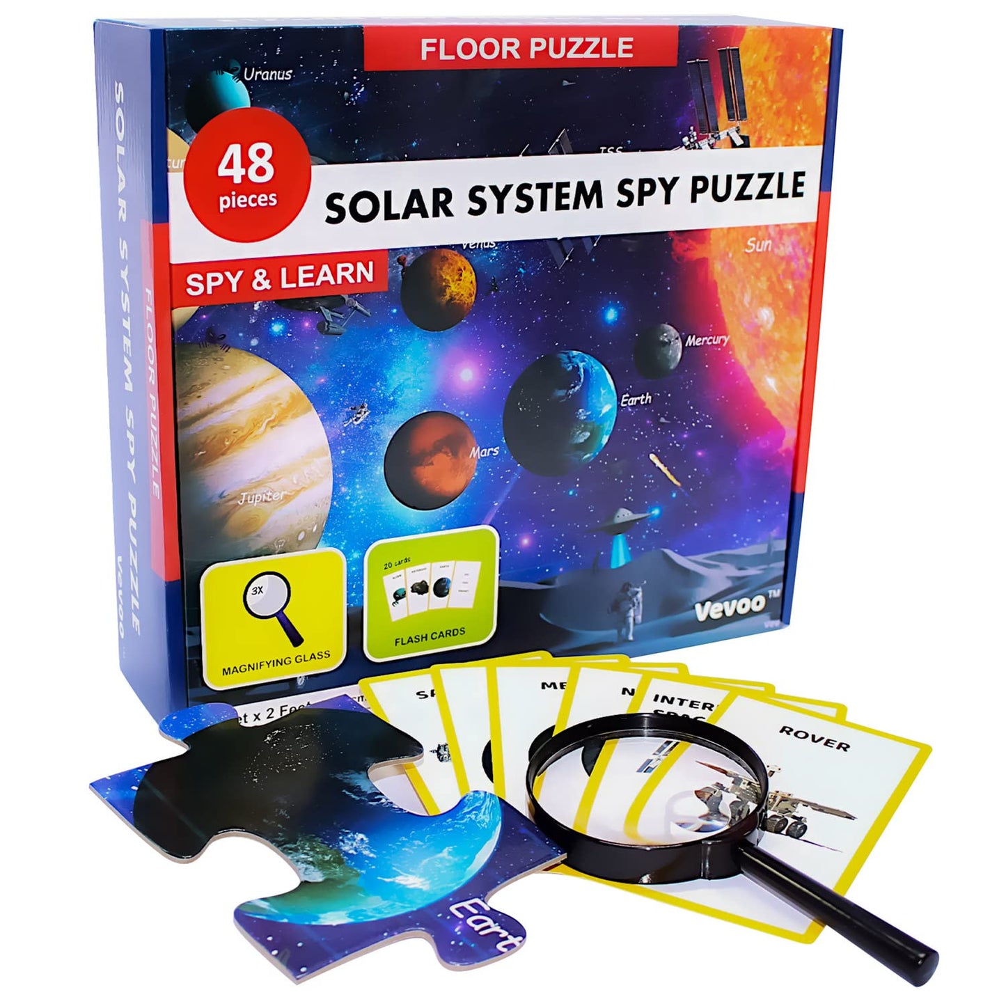 Solar System Spy Puzzle – 48-Piece Space Floor Puzzle with Flashcards & Magnifying Glass, Educational STEM Toy for Kids Ages 4-8, 2x3ft