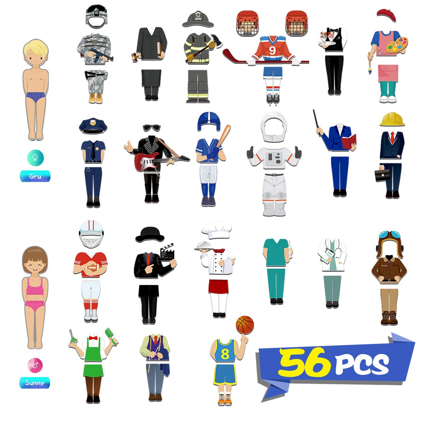 56 PCS Magnetic Dress-up Pretend Play Doll Set with 21 Occupations Jobs, Perfect for Preschool Learning