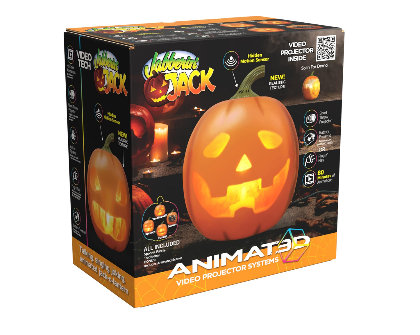 ANIMAT3D Jabberin' Jack XL 12" Talking Pumpkin with Motion Sensor, Projector & Speaker – 80 Minutes of Animated Content