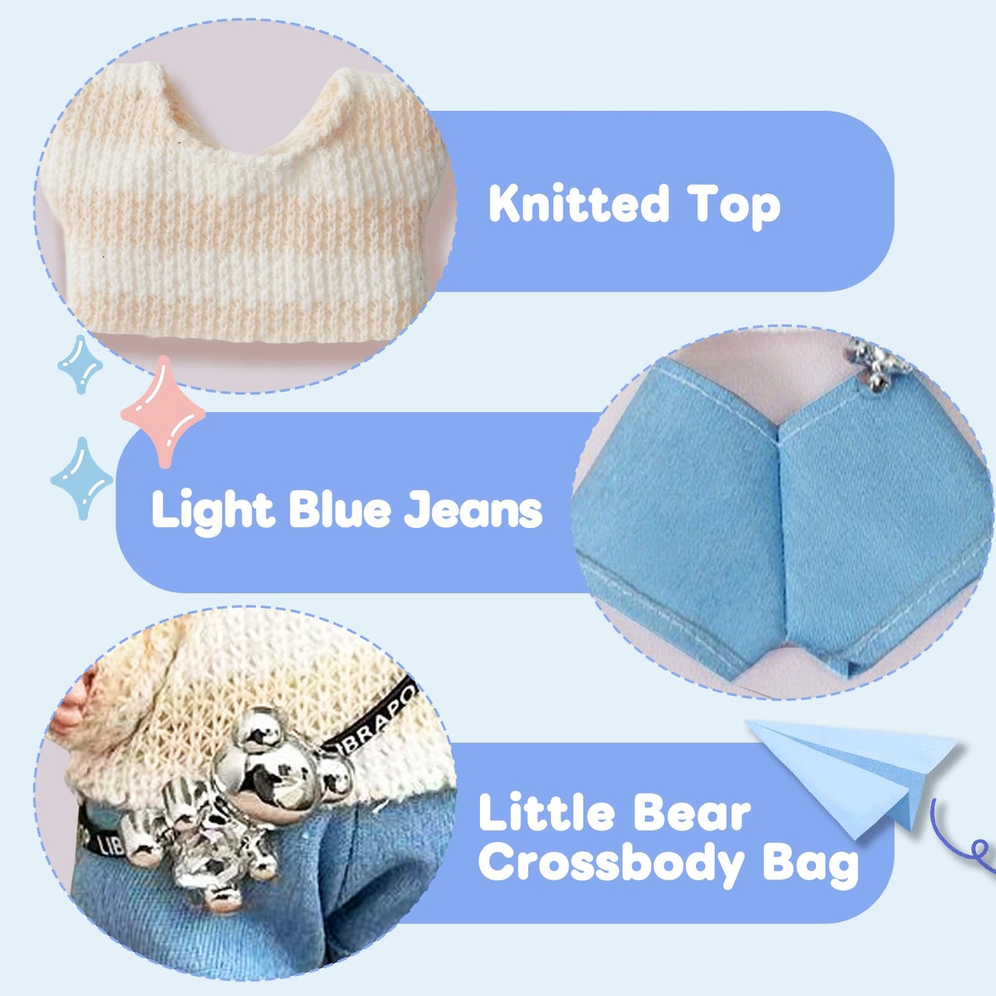17cm Doll Clothes(NO Doll), Cute Dolls Outfit Accessories with Sweater + Denim Jeans + Pants, Small Kawaii Clothes Set for Dolls(Style 4)