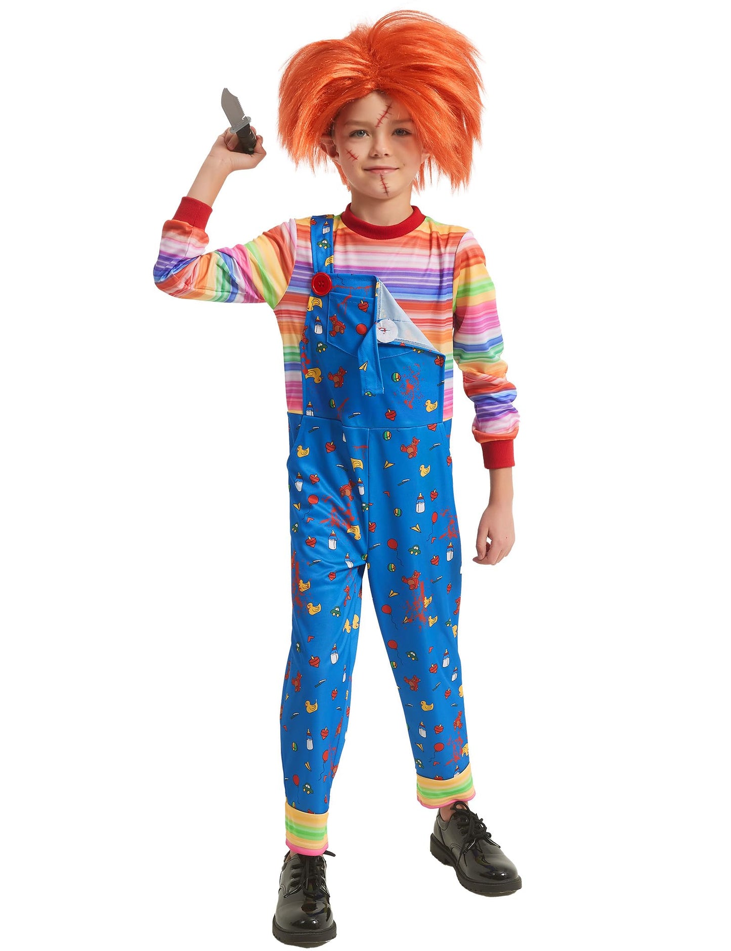 Zeepair Kids Scary Doll Costume Set Horror Killer Toy Outfit with Striped Jumpsuit Wig Prop Knife for Halloween Cosplay Party M