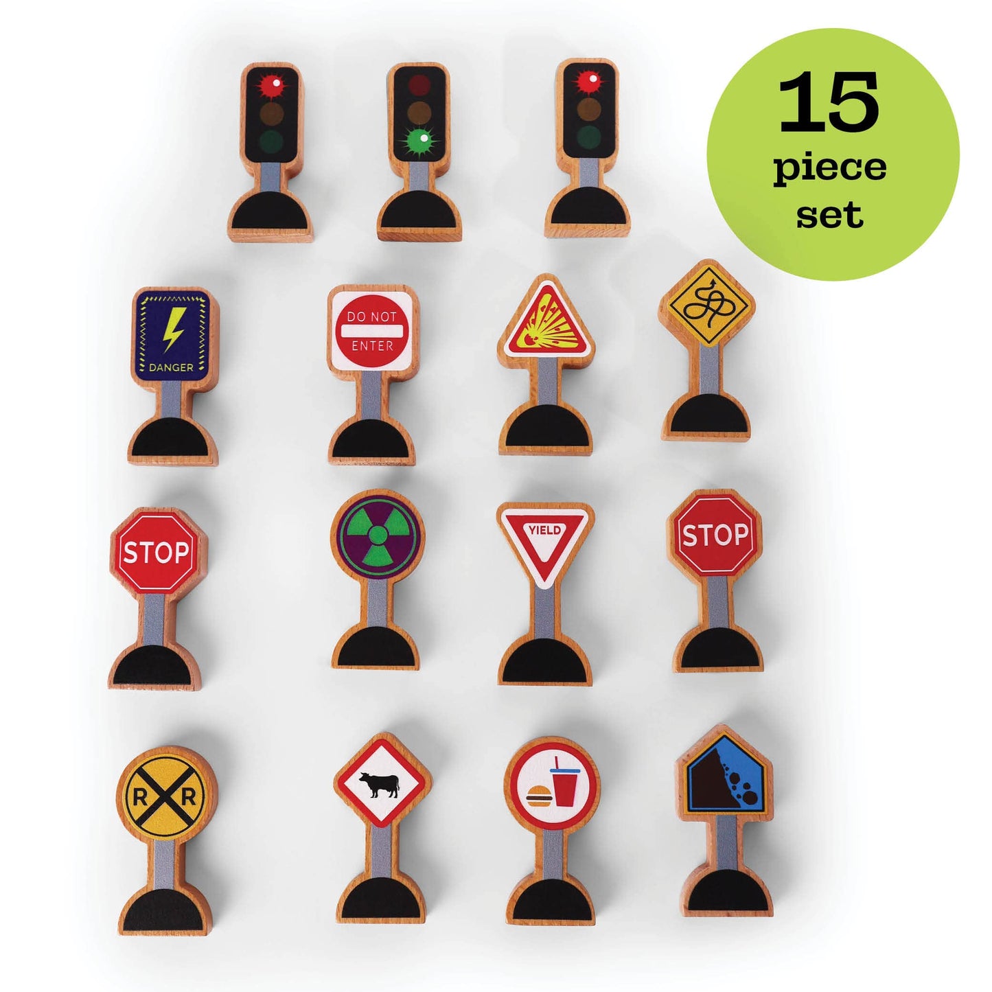 15-Piece Wooden Traffic Signs for Kids – Play Mats, Toy Cars & Trains, Educational Road Signs, Zany Trains Series 2