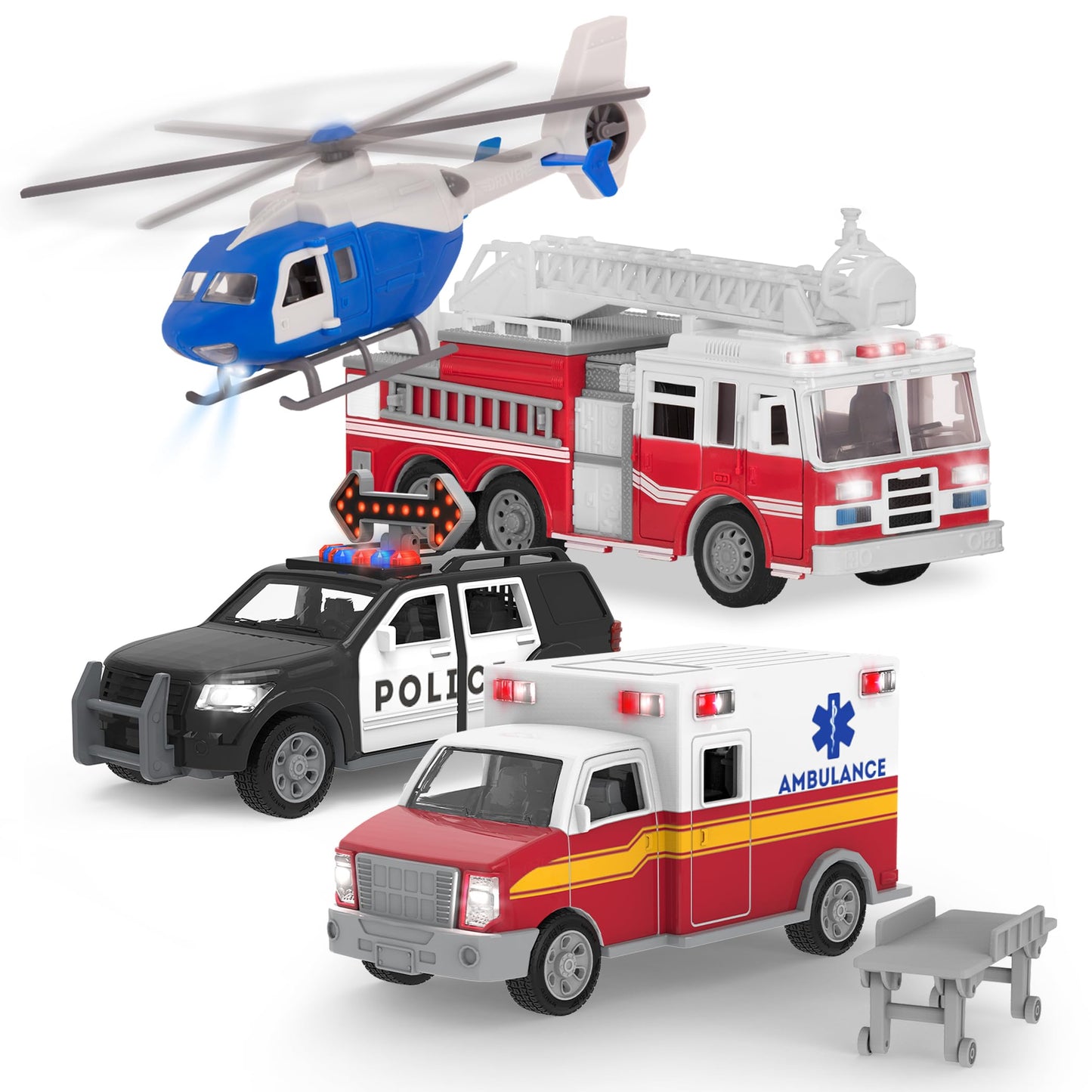 Driven by Battat 4-Pack Construction & Utility Trucks with Lights & Sounds – Cement Mixer, Telehandler, Garbage, Tow & Fire Truck, Ages 3+