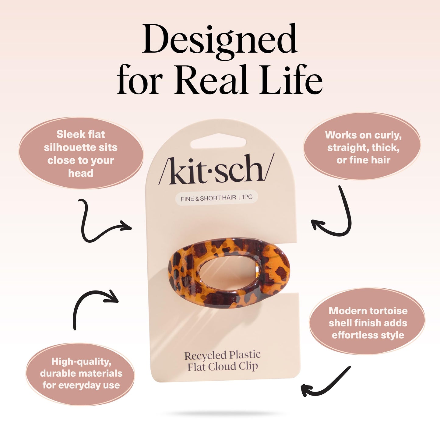 Kitsch Small Flat Claw Clips for Women – Strong Hold Non-Slip Hair Clips for Thick & Fine Hair, Comfortable All-Day Wear, Tortoise Design