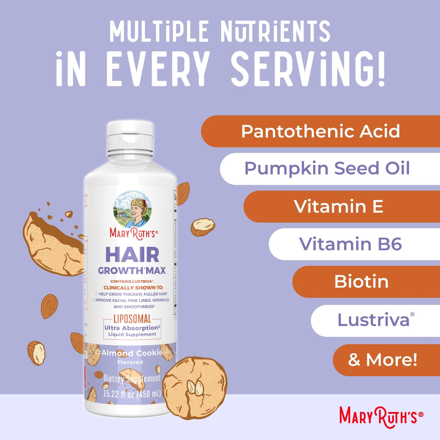 MaryRuth Organics Women’s Hair Growth MAX Liposomal | Lustriva®, Biotin 10000mcg & Pumpkin Seed Oil | Supports Thicker Hair, Skin & Fine Lines | 15.22 Fl Oz