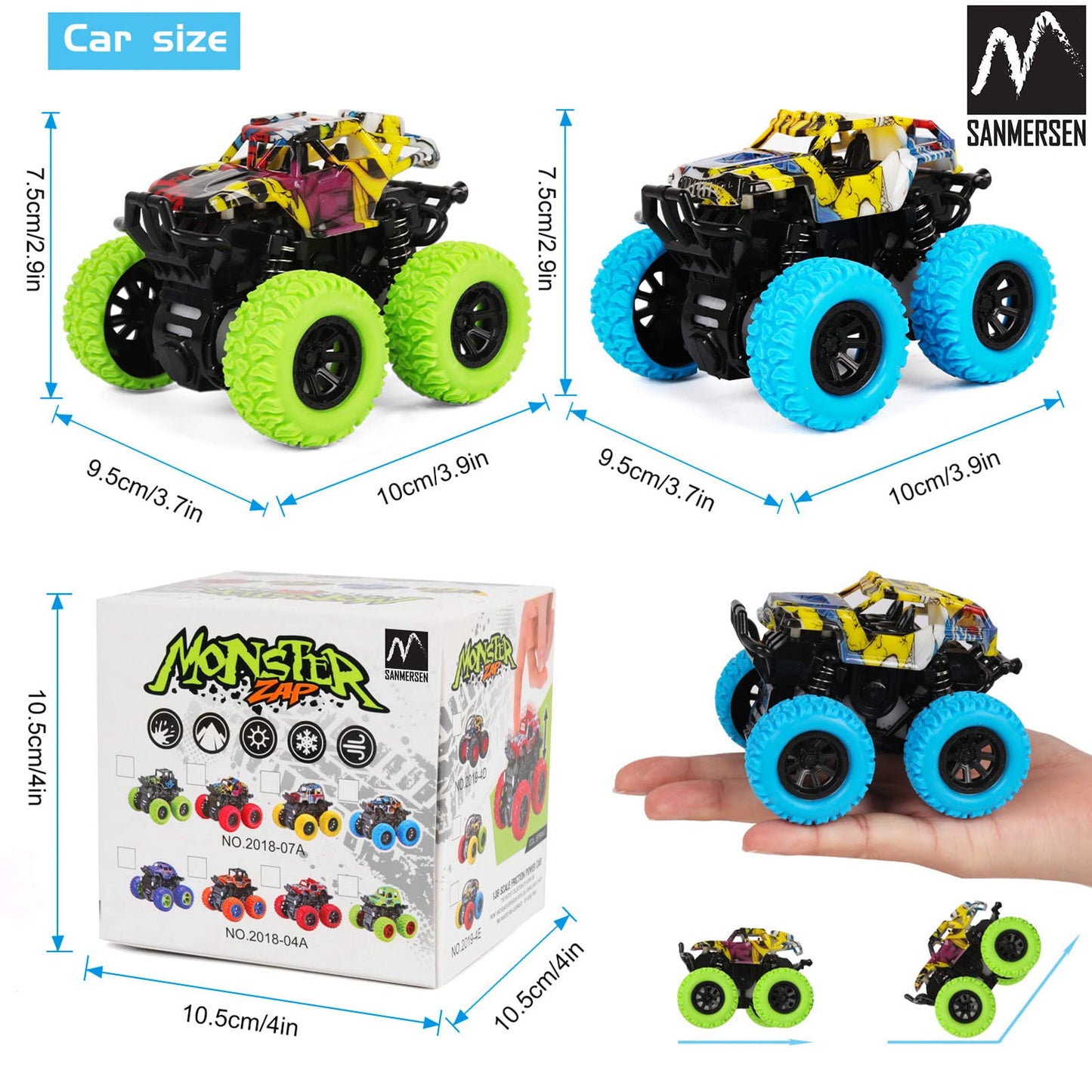 M SANMERSEN Monster Truck Toys for Toddlers 2-4, Friction Push & Go 360° Stunt Cars, 2-Pack Blue & Green Gift Set for Boys & Girls