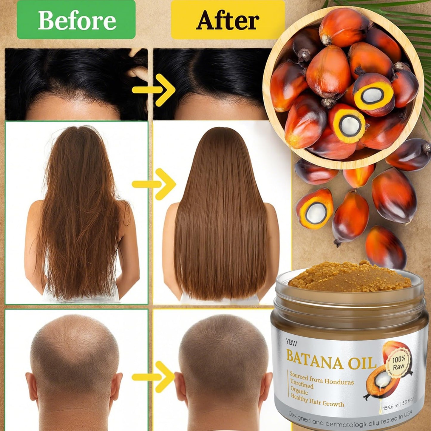 YBW 100% Pure Batana Oil from Honduras – Dr. Sebi Inspired Organic Hair Growth Oil & Paste – Strengthens, Thickens & Prevents Hair Loss for Men & Women