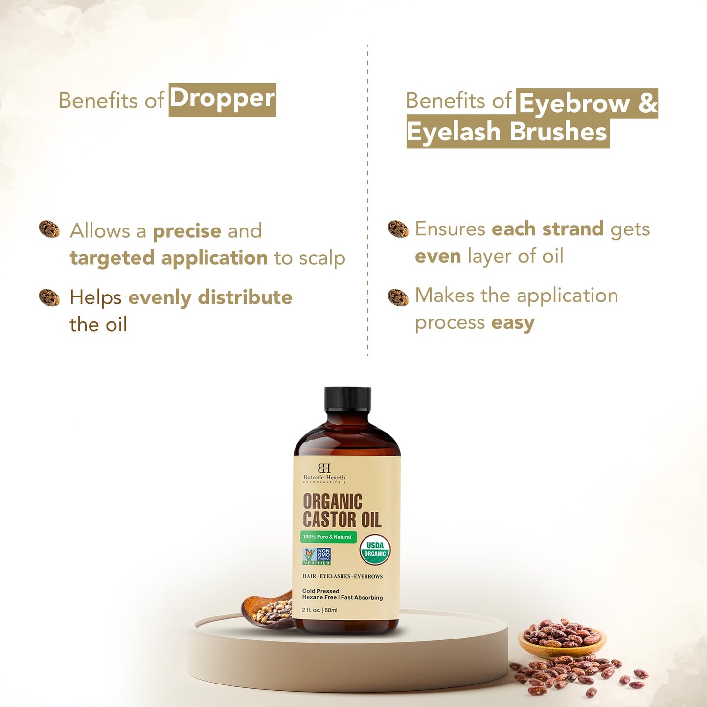 Botanic Hearth 100% Pure Castor Oil, Cold Pressed & Organic – 2 fl oz | For Hair, Eyelashes & Eyebrows | Hexane-Free, Fast Absorbing with Dropper