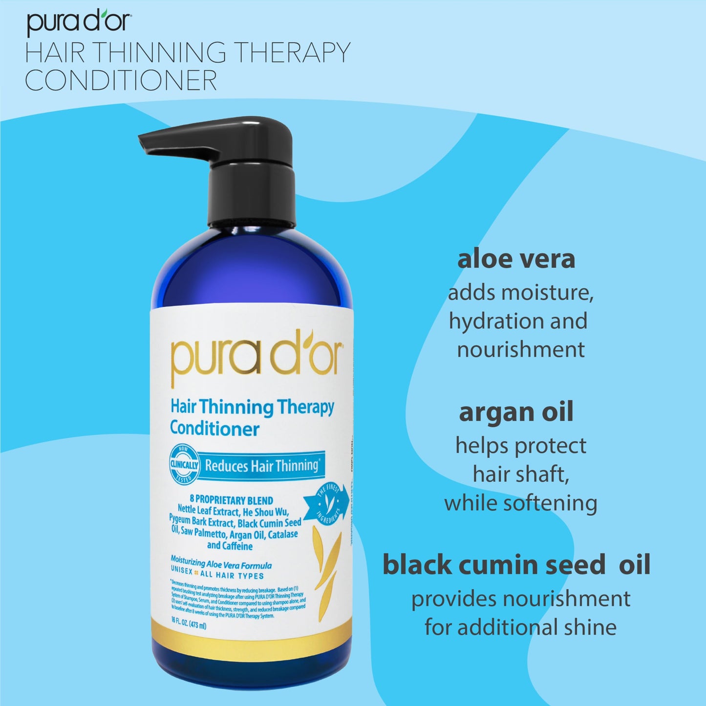 PURA D'OR Biotin Shampoo & Conditioner Set for Thinning Hair, Clinically Tested Thickening Formula, Natural, Color-Safe, 16oz Each