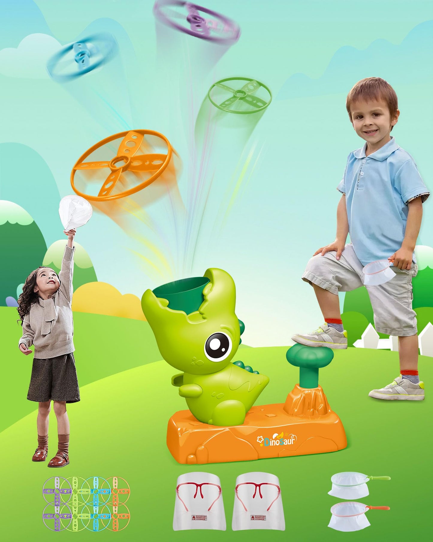 XINHOME Outdoor Flying Disc Launcher Toys for Kids 3 4 5 6 7 8 Year Old Boys Girls Dinosaur Stomp Rocket for Toddlers Backyard Toys