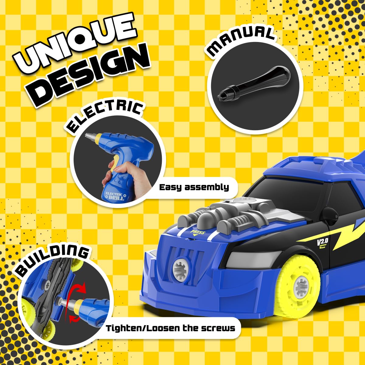 GILOBABY 26-Piece Take Apart Racing Car Toy with Drill, Lights & Sounds – STEM Building & Educational Gift for Boys Ages 3-5