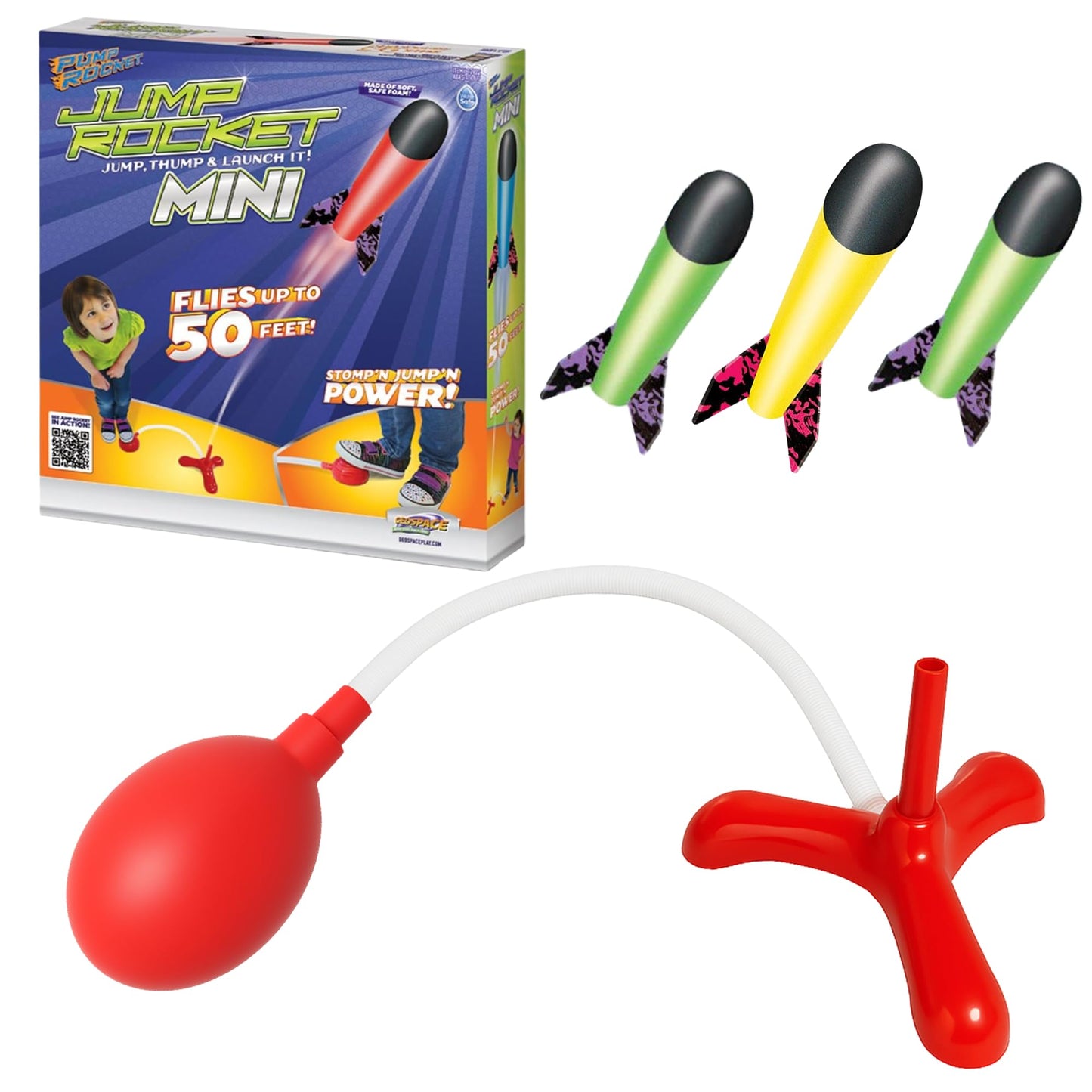 Geospace Jump Rocket Mini Set – 3 Foam Stomper Rockets with Single Pump, Outdoor Fun Toy for Kids Boys & Girls