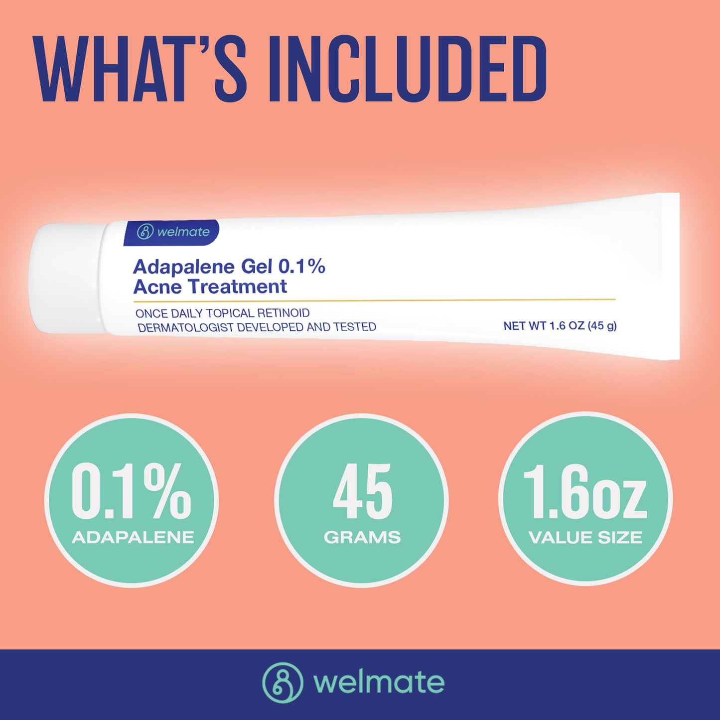 WELMATE Adapalene Gel 0.1% Acne Treatment Cream – Daily Topical Skincare, Pimple & Acne Care, Oil & Fragrance Free, 1.6oz (45g)