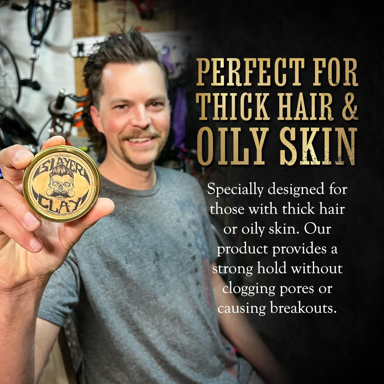 Death Grip Slayer Hair Clay for Men – Organic Medium Hold Styling Clay with Bentonite – Matte Finish, Non-Greasy, Anti-Dandruff, 2 Oz Tin