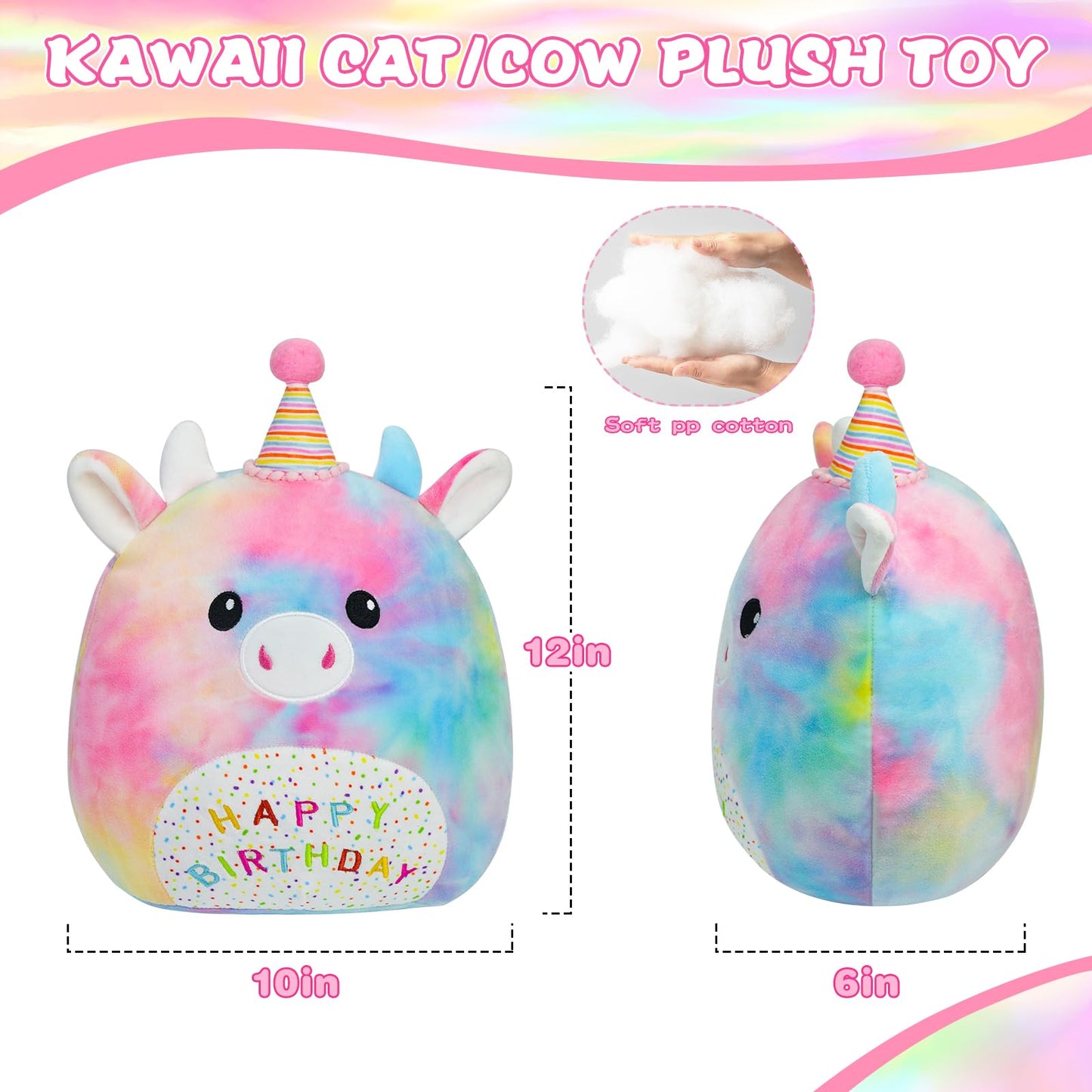 AWNOGKUE 12" Cow Stuffed Animal Plush Toy – Soft Unicorn Rainbow Plushie Pillow for Kids, Toddlers, Girls & Boys, Birthday Gift & Room Decor