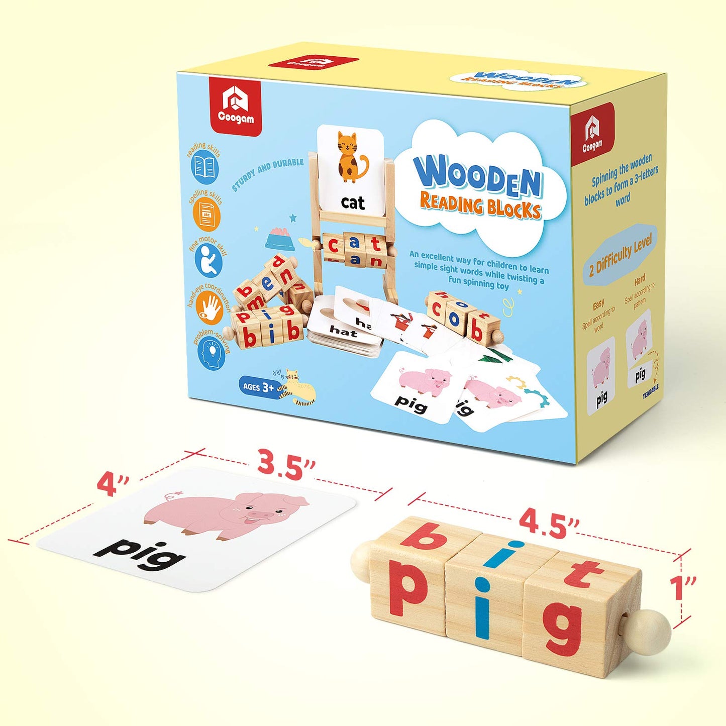 Coogam Wooden Short Vowel Reading Blocks – Rotating Letter Puzzle & Flash Cards, Montessori Spelling & Sight Word Toy for Kids