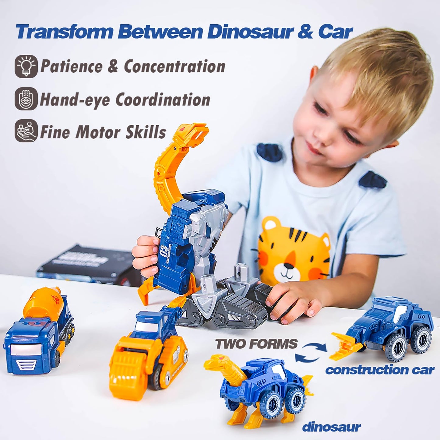 Toddler Construction Car Transform Set - 5PCS Dinosaur Rescue Robots with Magnetic Connectors, DIY STEM Trucks Toy for Kids 3-7
