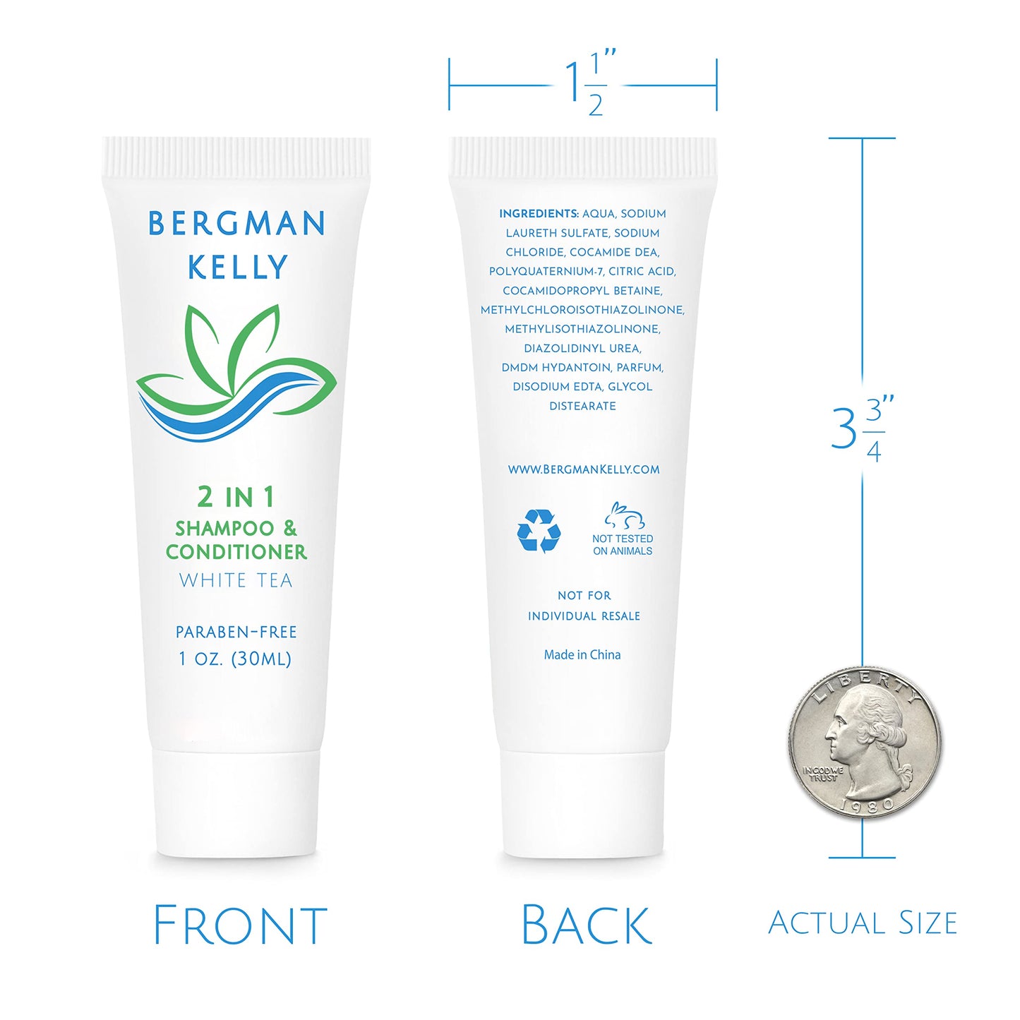 BERGMAN KELLY Travel Size 2-in-1 Shampoo & Conditioner, White Tea Scent – 1 fl oz, 100 Pack – Refreshing Hotel Toiletries & Guest Amenities