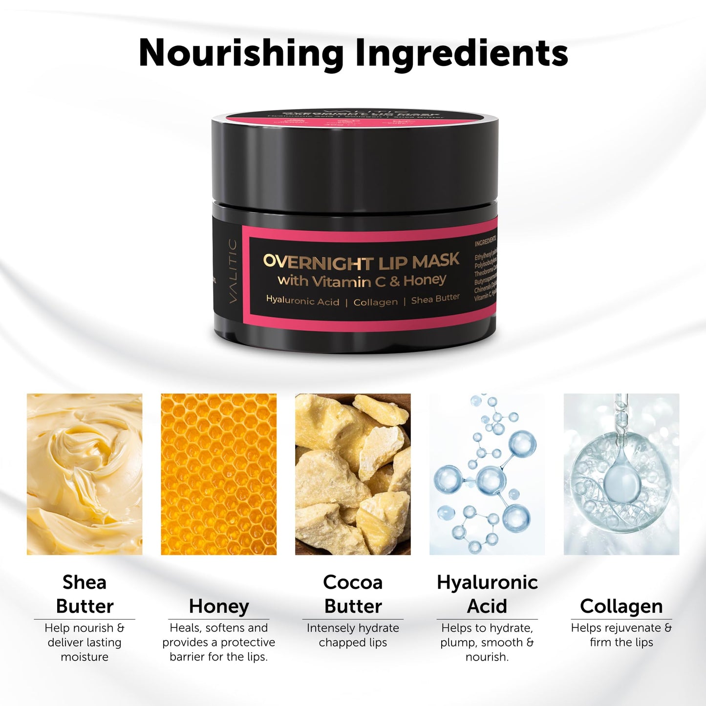 Valitic Overnight Lip Sleeping Mask Butter – Hydrating Treatment for Dry, Chapped Lips with Honey, Vitamin C, Hyaluronic Acid & Collagen, 30g