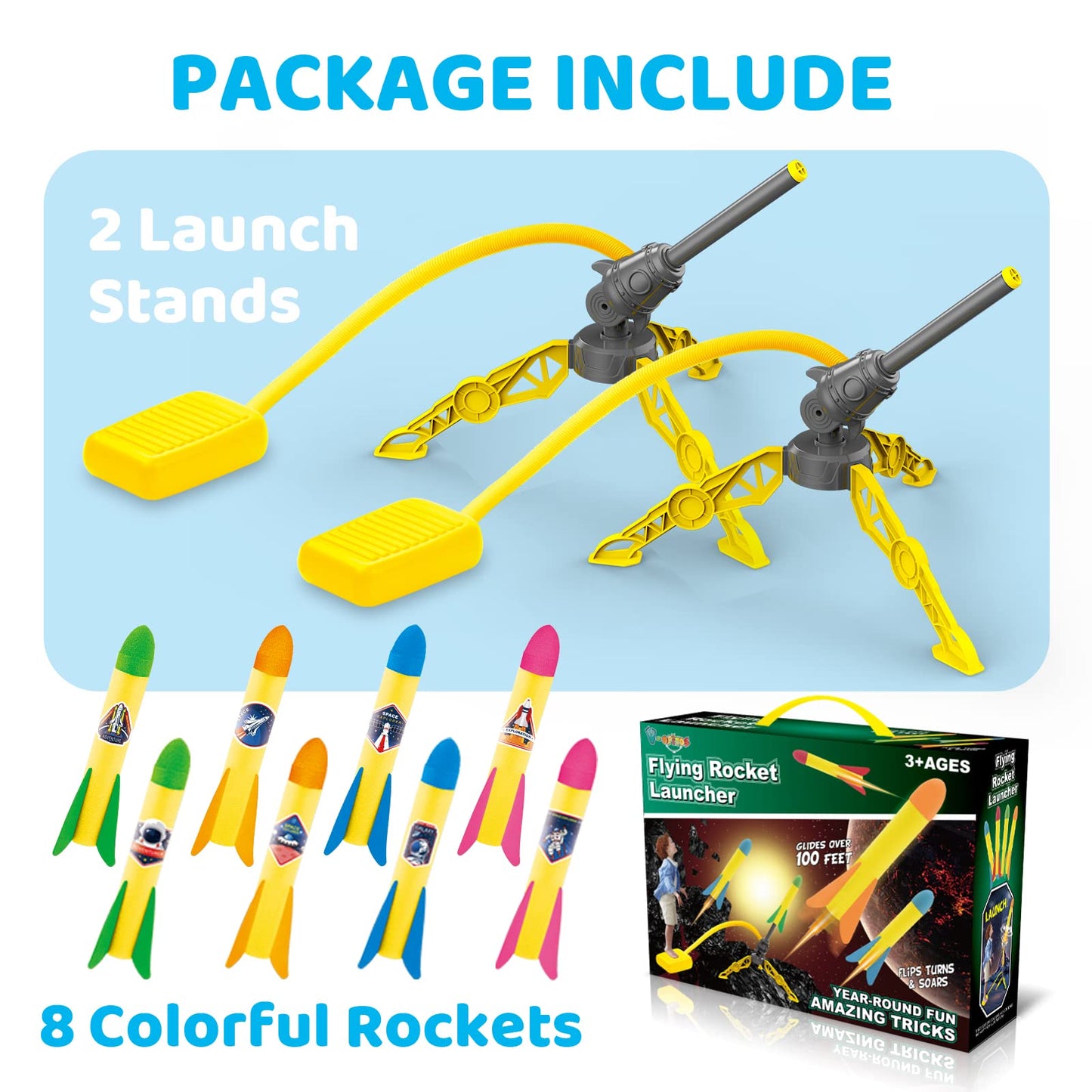 V-Opitos 2-Pack Rocket Launchers Toy for Kids 3-8 Years with 8 Colorful Foam Rockets – Outdoor Fun, Birthday & Christmas Gift