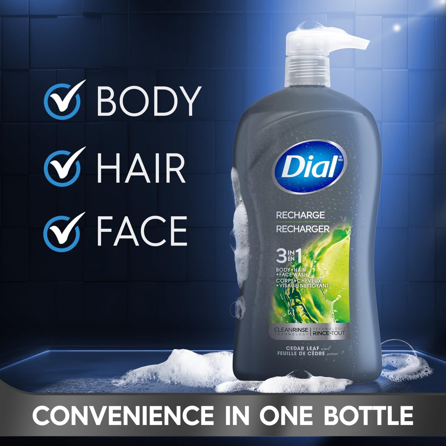 Dial Men 3in1 Body, Hair and Face Wash, Recharge, 32 fl oz