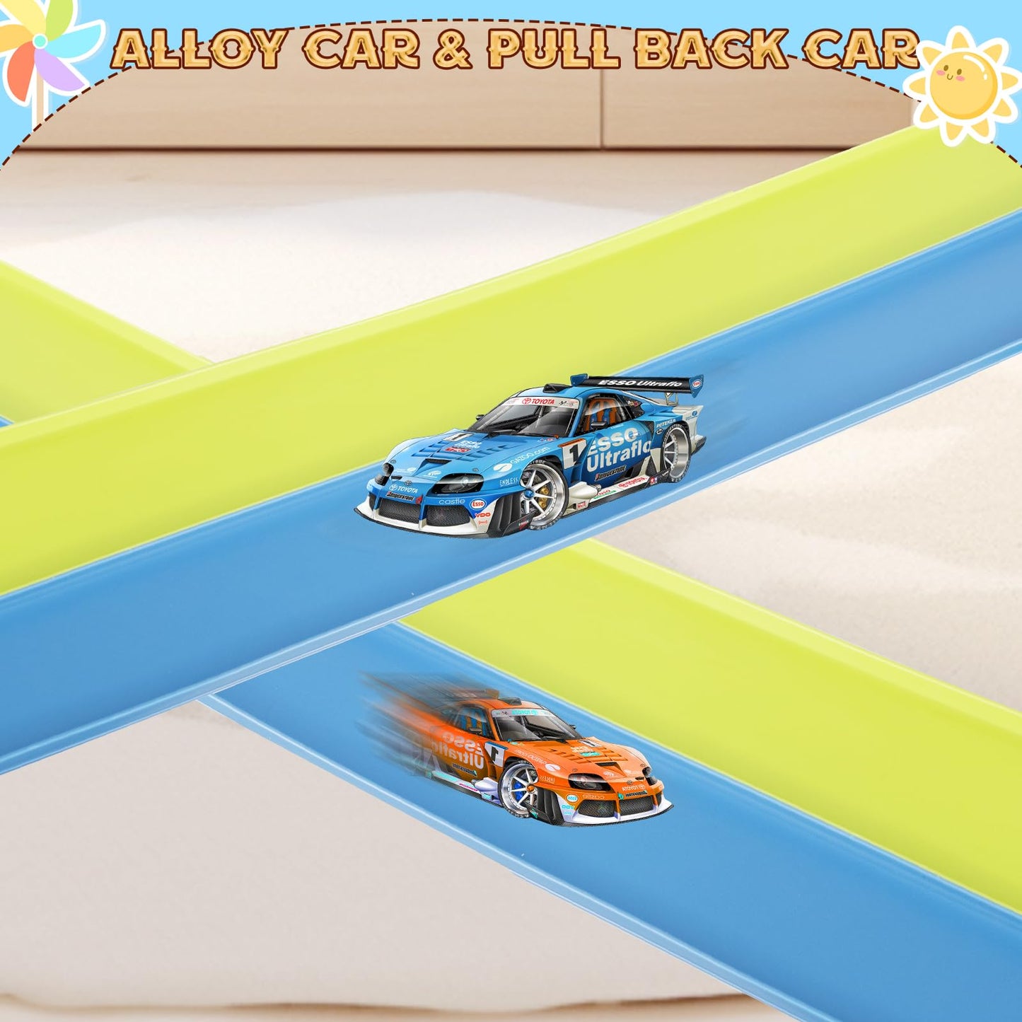 Flex Tracks 15ft Kids Starter Race Car Track Set with Suction Cups, Flexible Ramp for 1:64 Diecast Cars, Ages 3+, Green & Blue