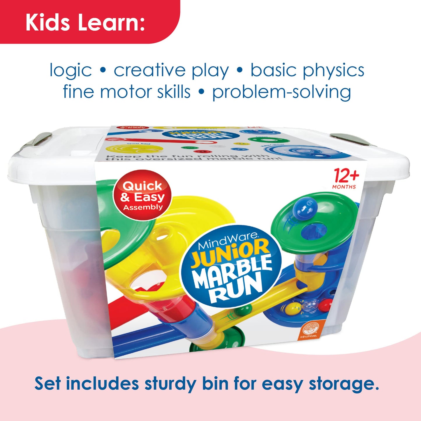 MindWare Junior Marble Run – My First Marble Run Set for Toddlers, Oversized Track Pieces & 5 Giant Marbles, Ages 12+