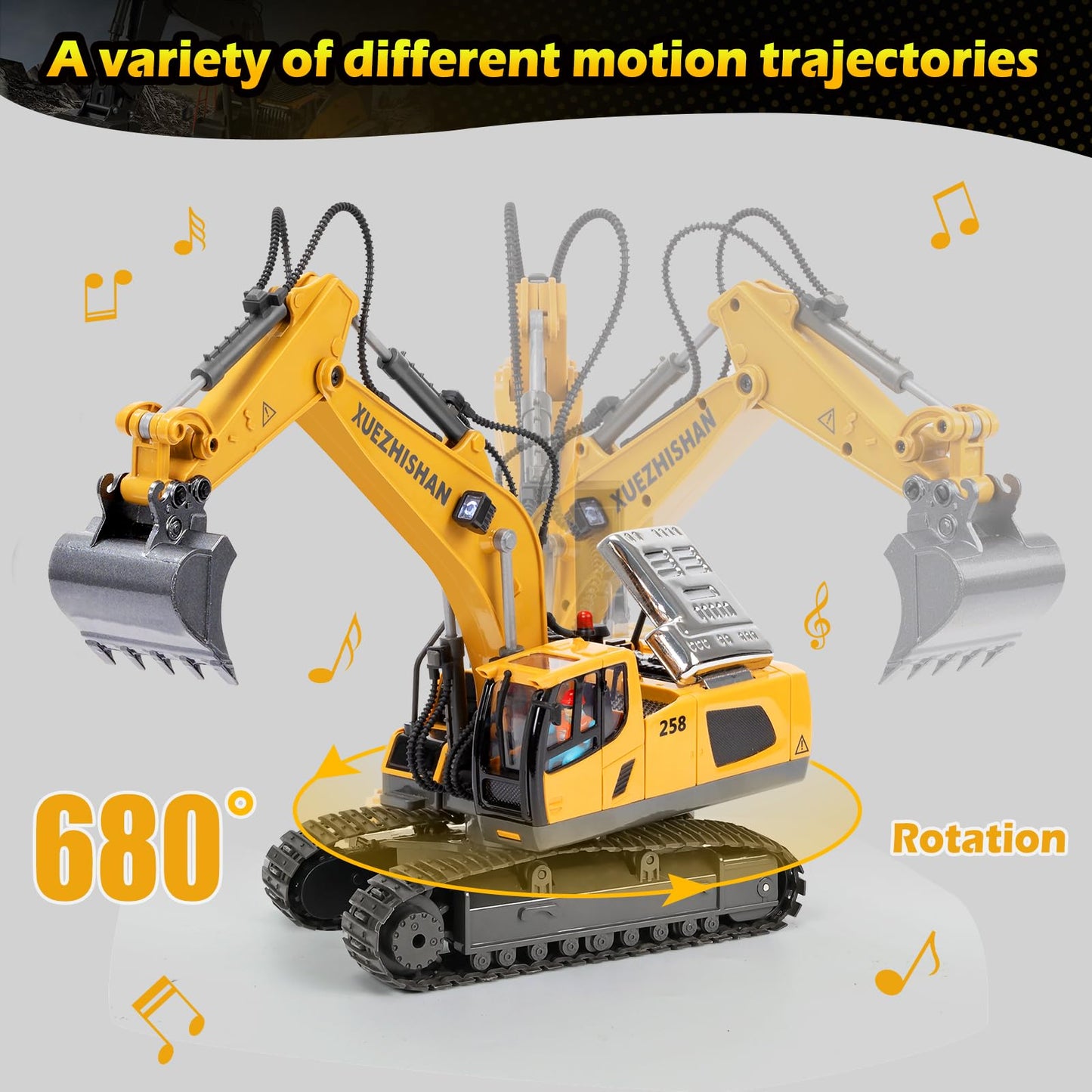 KidsFaves Remote Control Excavator Toy for Boys, 680° Turn, Metal Shovel, Lights & Sounds, 2 Batteries, Construction Toy Gift Ages 3-8
