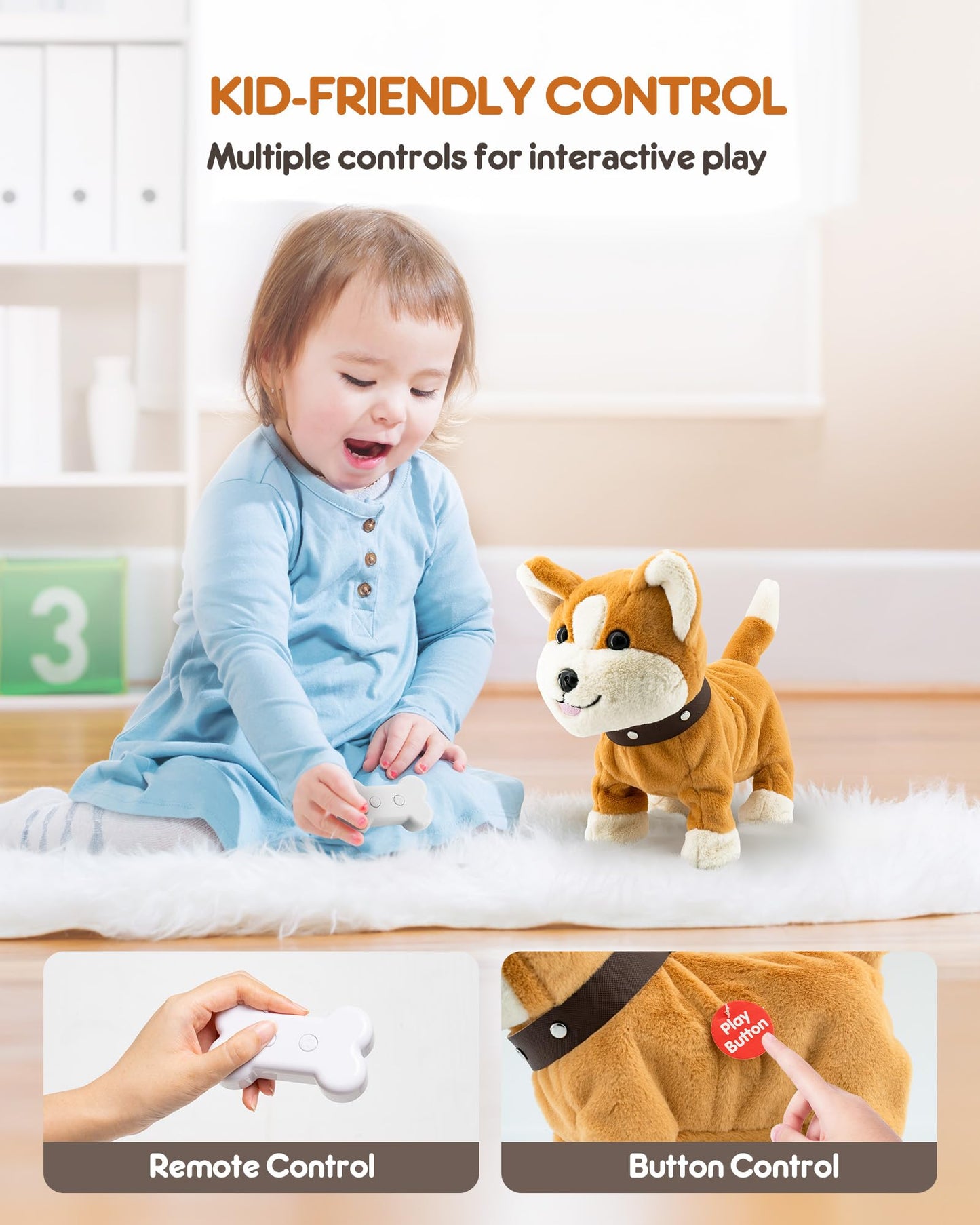 Airbition Interactive Plush Puppy Dog Toy with Remote, Walking Barking Tail Wagging Stuffed Animal + 11 Accessories for Kids Ages 2–4