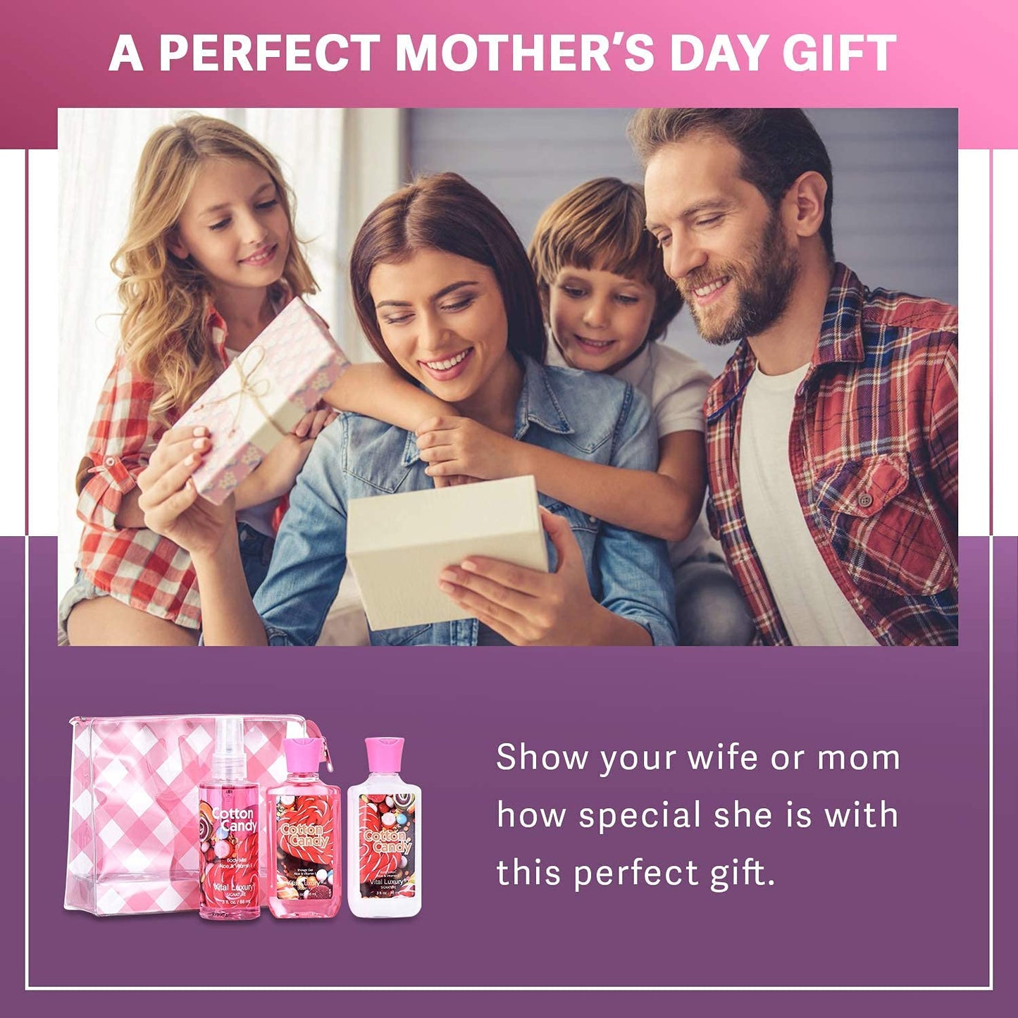 Vital Luxury Cotton Candy Bath & Body Travel Set – Lotion, Shower Gel & Fragrance Mist, Spa Gift for Women, Birthday, Mom & Valentine’s Day