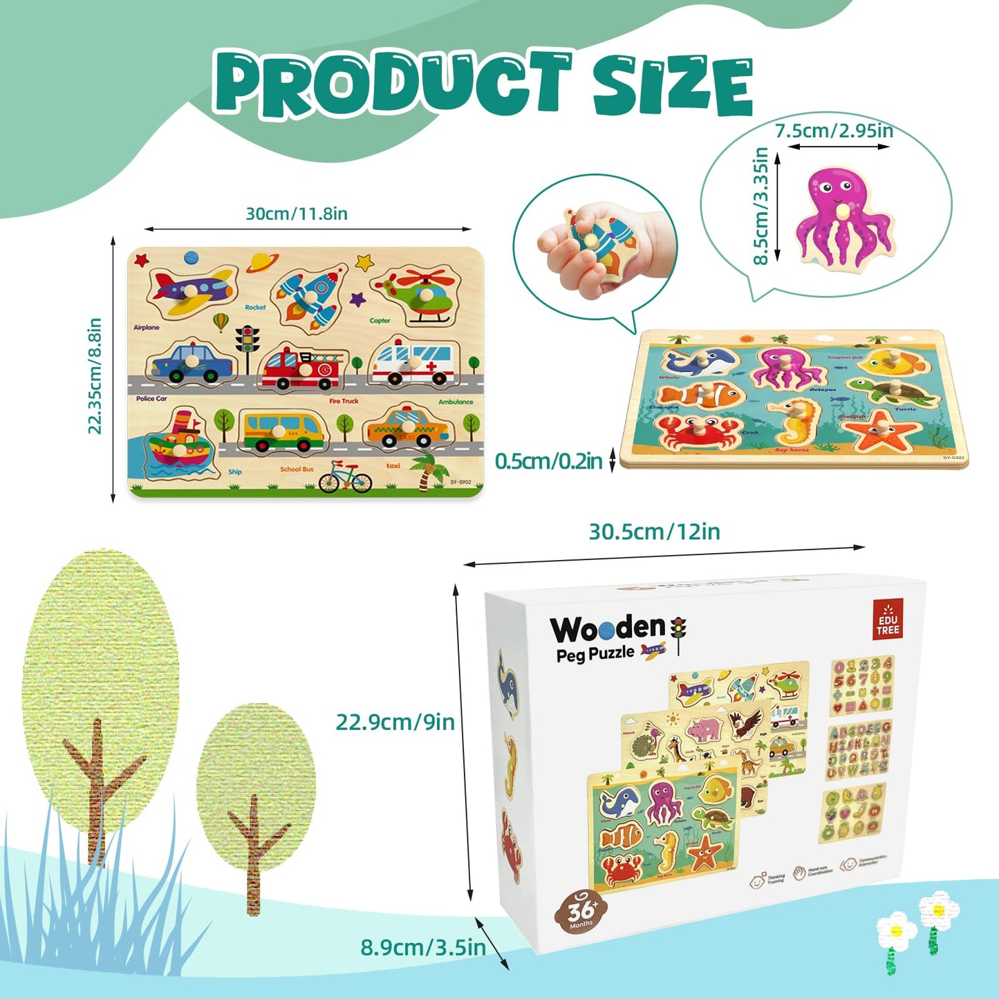 edutree Wooden Peg Puzzles for Toddlers – 6-Pack Montessori Educational Toys with Alphabet, Numbers, Animals, Vehicles & Shapes for Ages 1-5
