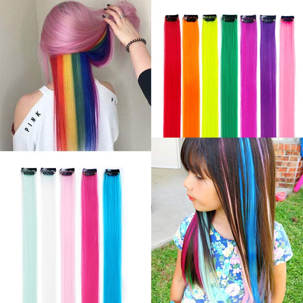 KGBFASS 32 Pack Colored Hair Extensions 20" – Rainbow Clip-In Synthetic Highlights for Girls, 16 Vibrant Colors, Straight Party Hair Pieces