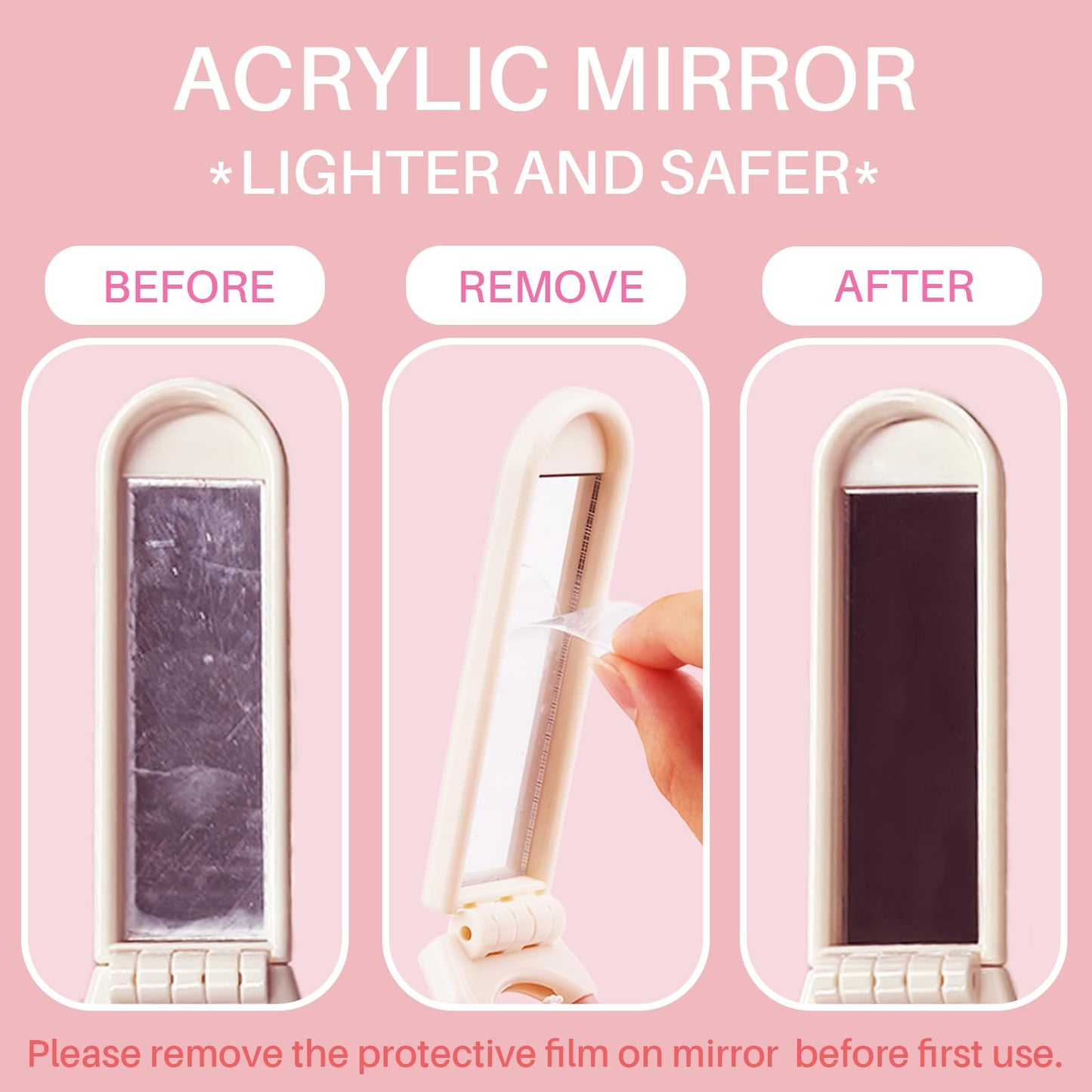 RHOS Folding Brush with Mirror for Women, Girls - Mini Hair Brush for Purse, Small Pocket Brush with Soft Nylon Bristles and Mirror for Travel (Beige)