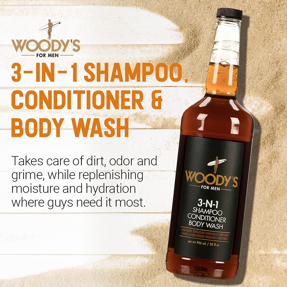 Woody's Mens Body Wash 3 in 1 – Shampoo, Conditioner, & Body Wash, All-in-One Cleanser, Refreshing & Hydrating with Natural Extracts - 32 fl oz