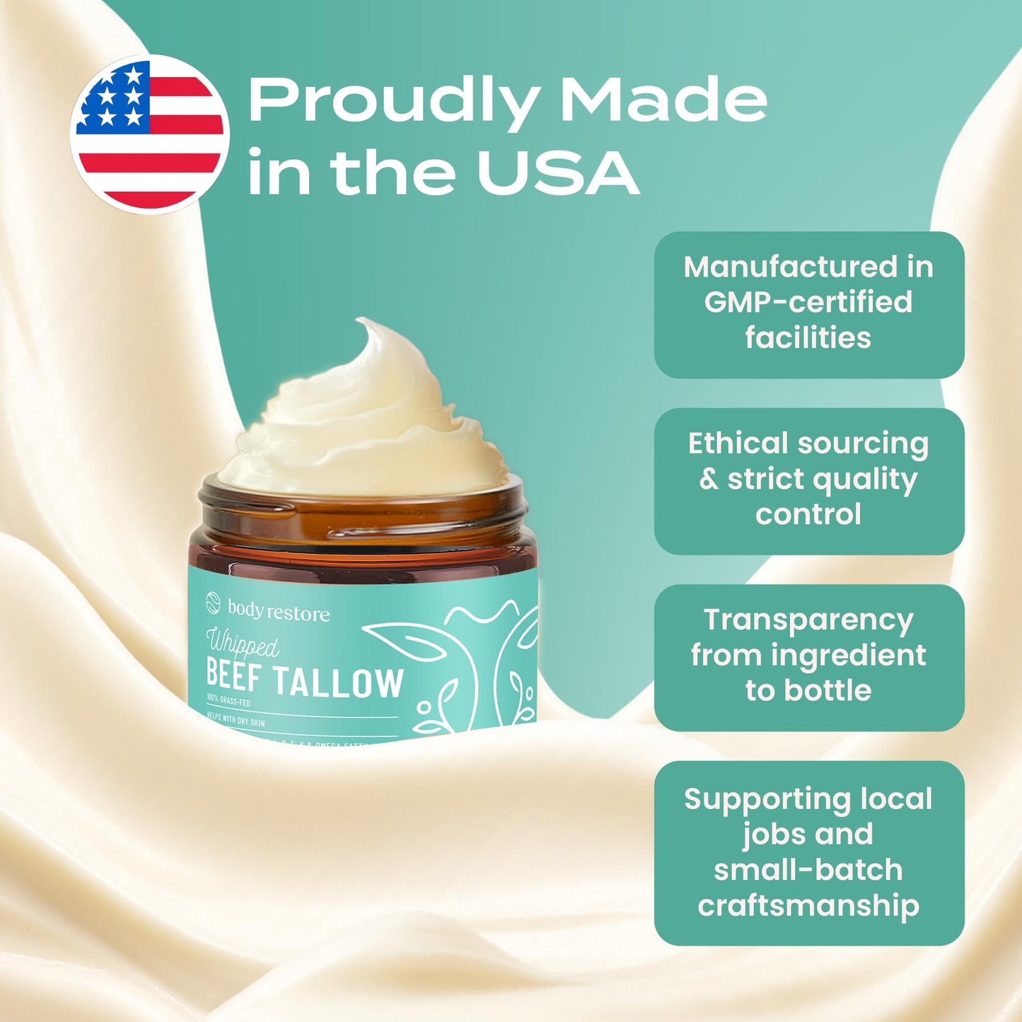 Body Restore Whipped Grass-Fed Beef Tallow for Dry Skin, Face & Body with Manuka Honey, Jojoba & Eucalyptus – Travel, Gifts & Stocking Stuffers