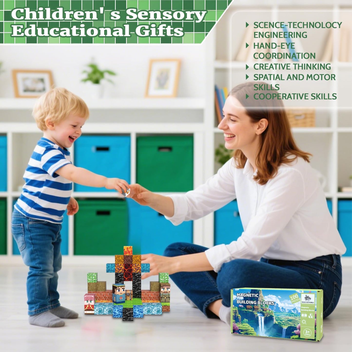 100 PCS Magnetic Building Blocks for Kids, Stacking Tiles Cubes, STEM Toys for Toddlers & Kids Ages 3-12, Birthday Gift Set