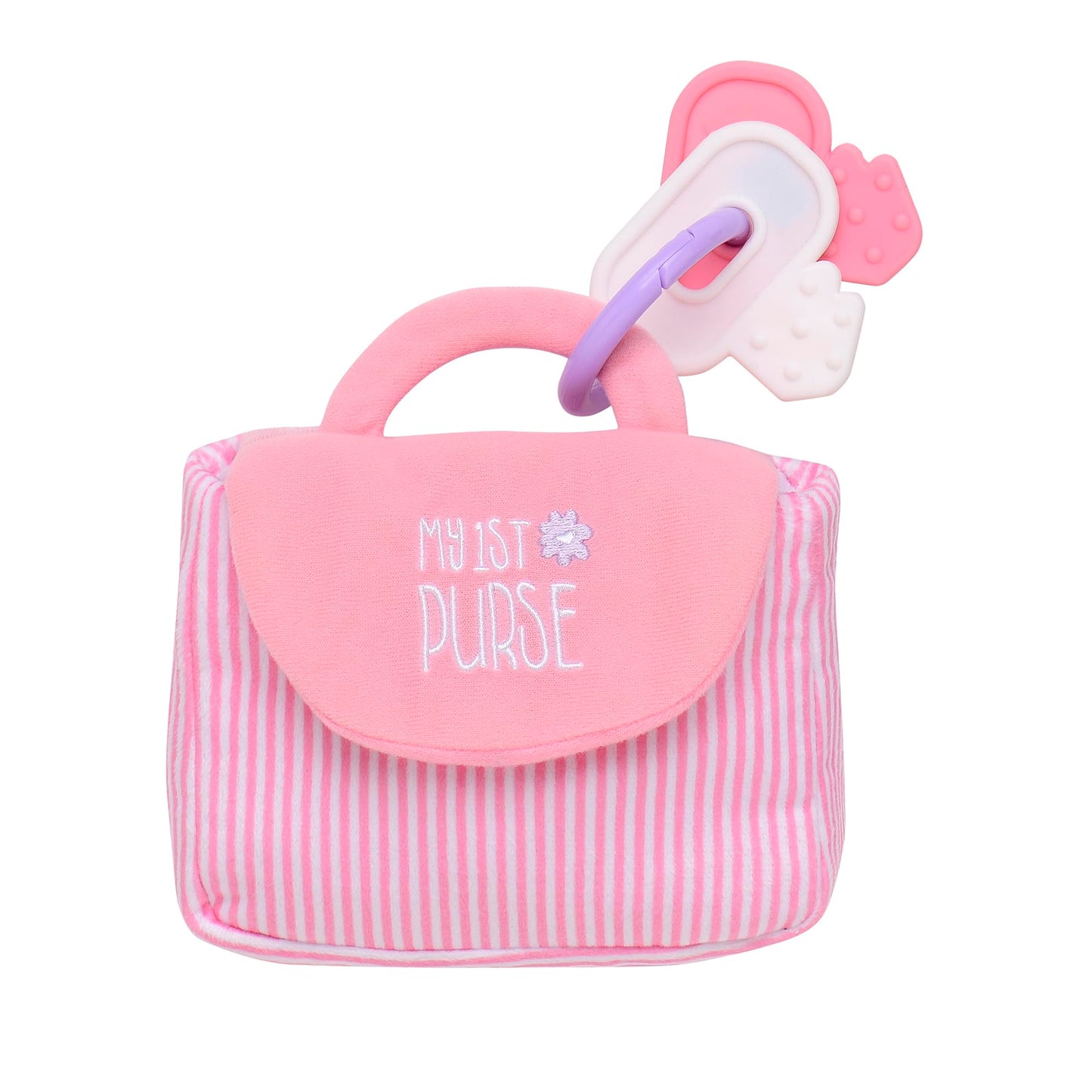 4 Piece Plush My First Purse Play Set with Sensory Toys and Bonus Teether Keys for Baby, Pink Stripe, 8 inch