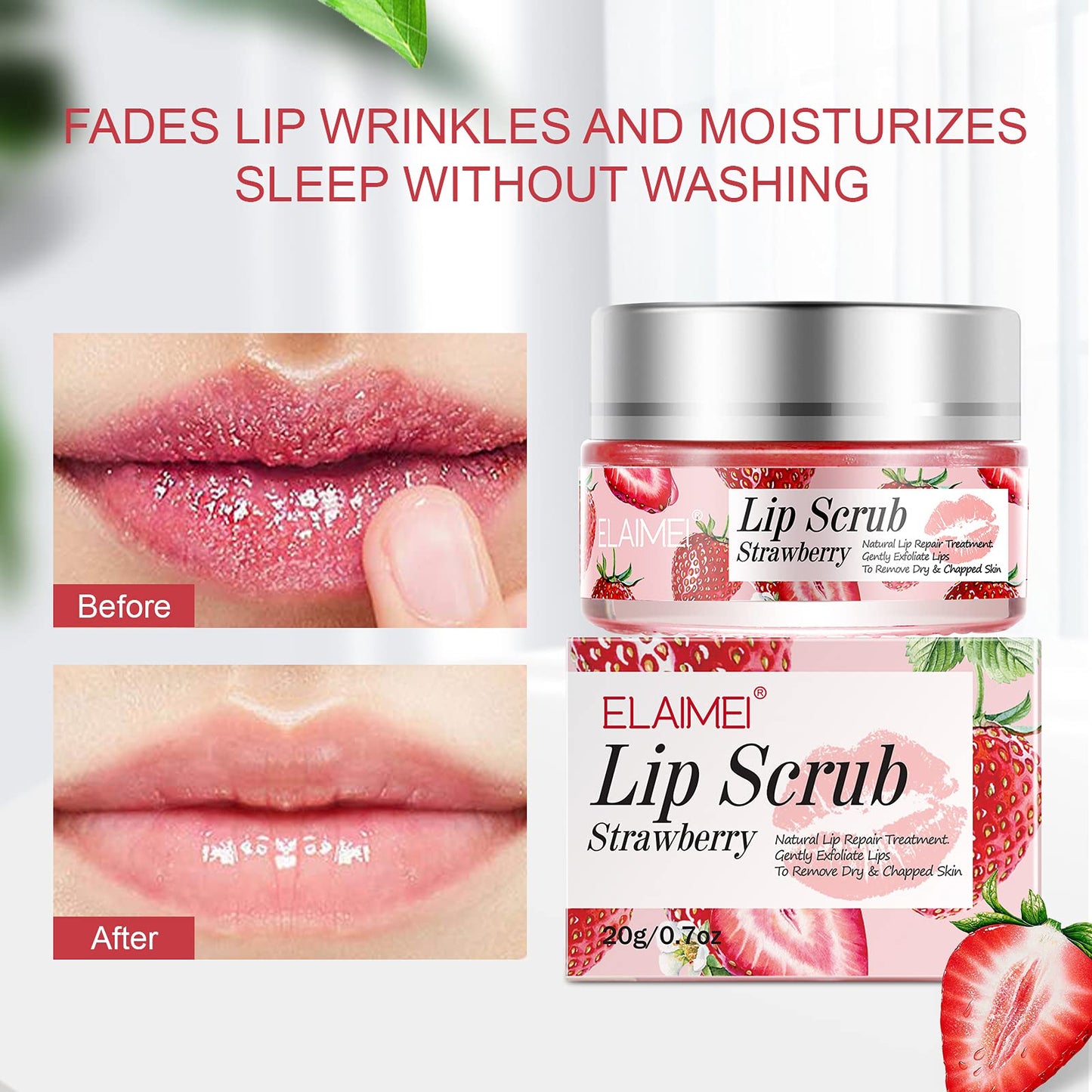 Strawberry Lip Scrub & Moisturizing Balm – Exfoliating Sugar Lip Mask, Collagen Treatment, Repairs & Hydrates Dry Lips Overnight