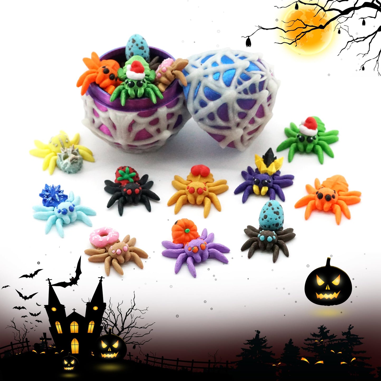 Mini 3D Printed Spider Egg with 10 Unique Glow-in-the-Dark Spiders – Halloween Toys, Cute Animal Surprise Eggs, Party Favors for Kids