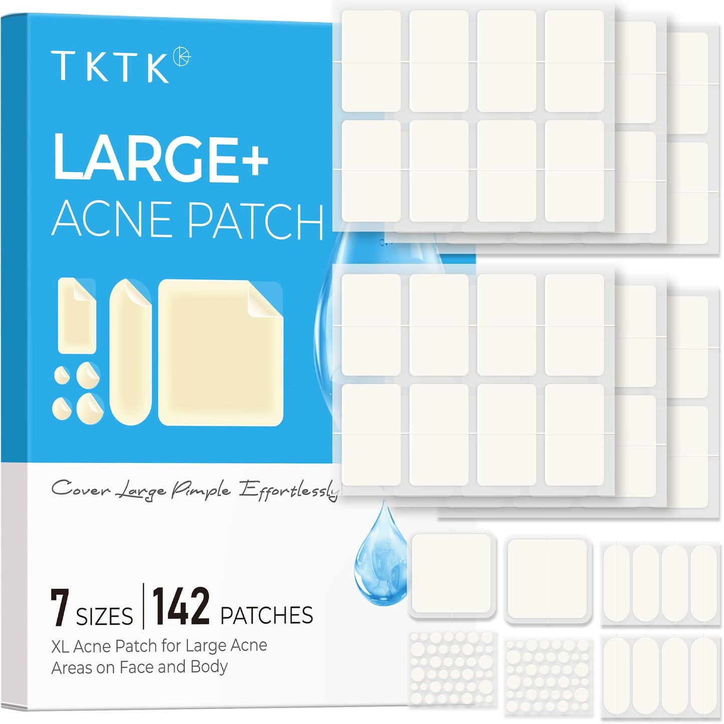 Large Pimple Patches for Face & Body – 7 Sizes XL Hydrocolloid Acne Bandages for Chin, Forehead, Nose, Back – 142 Count (Square, Strip, Dot)