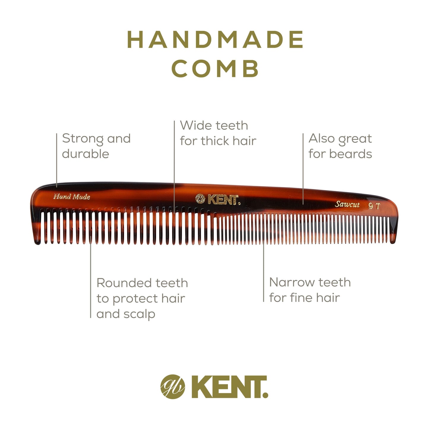 Kent 9T Tortoiseshell Fine & Wide Tooth Comb – Large Handmade Saw-Cut Hair Comb for Wet or Dry Hair, Detangling & Styling, Made in England