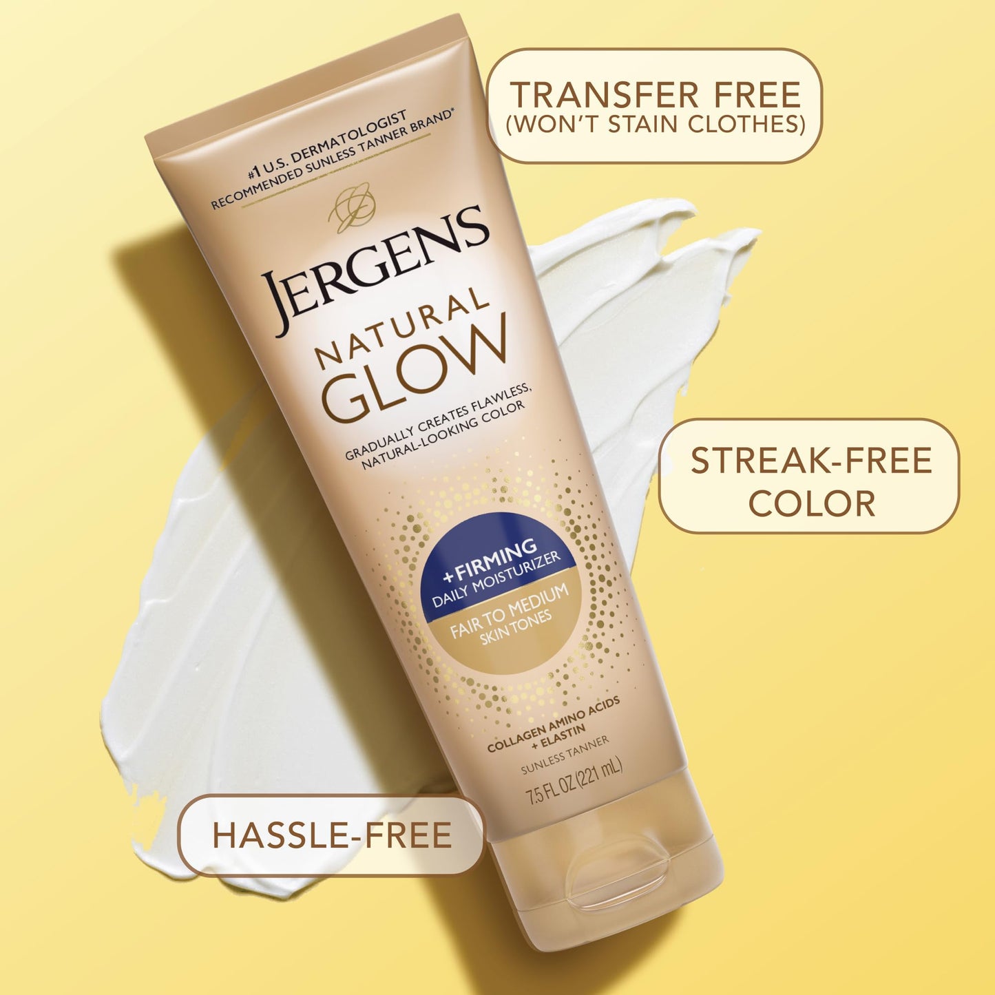 Jergens Natural Glow + Firming Self-Tanner Lotion for Fair to Medium Skin – Sunless Moisturizer with Collagen & Elastin, Reduces Cellulite, 7.5 Fl Oz