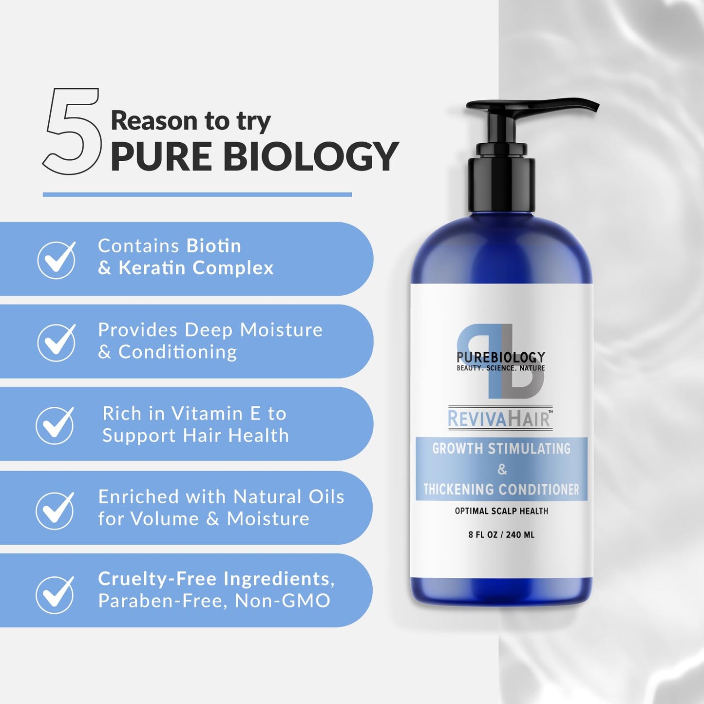Pure Biology 8 Fl Oz Biotin Volumizing Hair Conditioner with Coconut, Argan & Rosemary Oils for Thinning and Dry Hair