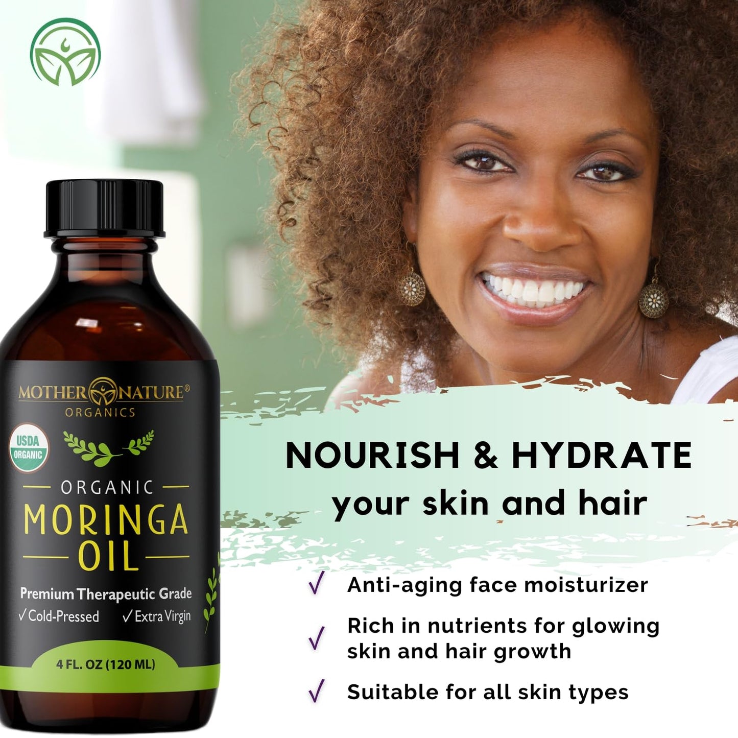 Mother Nature USDA Organic Moringa Seed Oil, 100% Pure Cold-Pressed, Unrefined, Anti-Aging Face, Skin & Hair Care, Non-GMO, 4oz