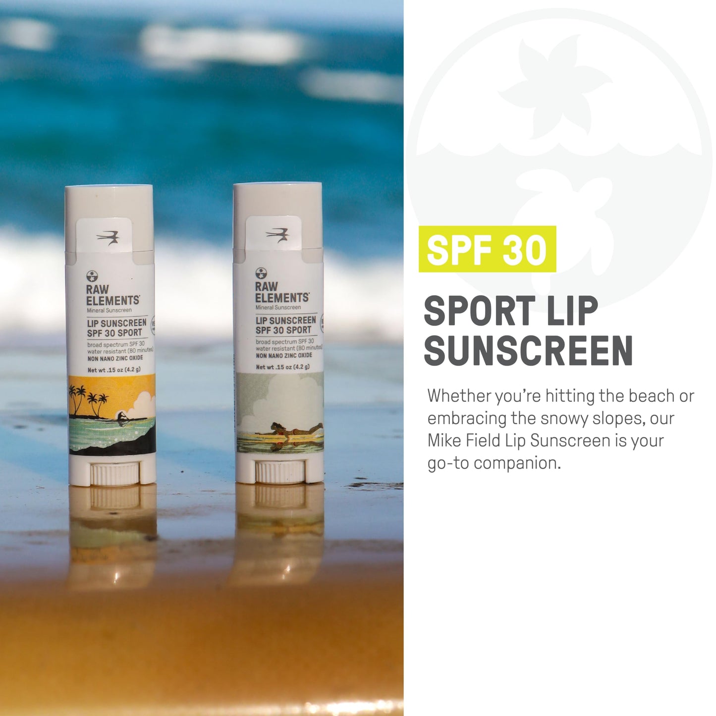 Raw Elements Mike Field Lip Sunscreen - SPF 30, UVA-UVB Protection, Reef-Safe, Non-Nano Zinc, Water Resistant, 0.15 oz (2 Pack)