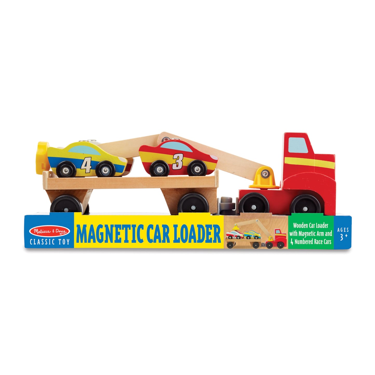 Melissa & Doug Magnetic Car Loader Wooden Toy Set with 4 Cars and 1 Semi-Trailer Truck Crane Wooden Toy, Vehicle Toys for Kids Ages 3+