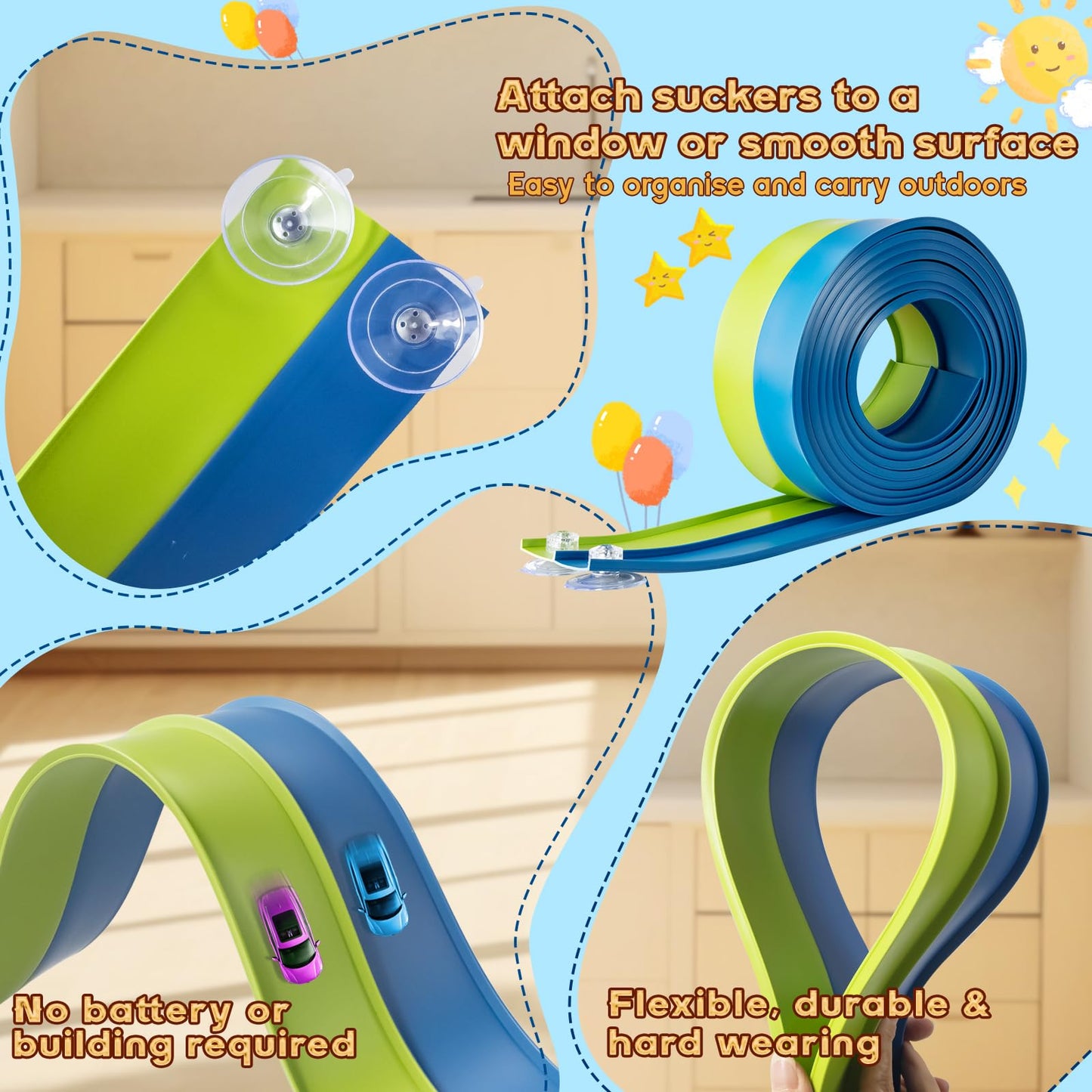 Flex Tracks 15ft Kids Starter Race Car Track Set with Suction Cups, Flexible Ramp for 1:64 Diecast Cars, Ages 3+, Green & Blue