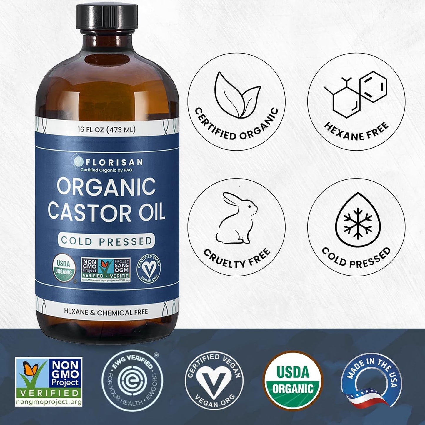 Florisan Organic Castor Oil 16oz – 100% Pure, Cold Pressed, Hexane-Free, Non-GMO Oil for Hair Growth, Skin, Lashes & Brows, USDA & EWG Certified