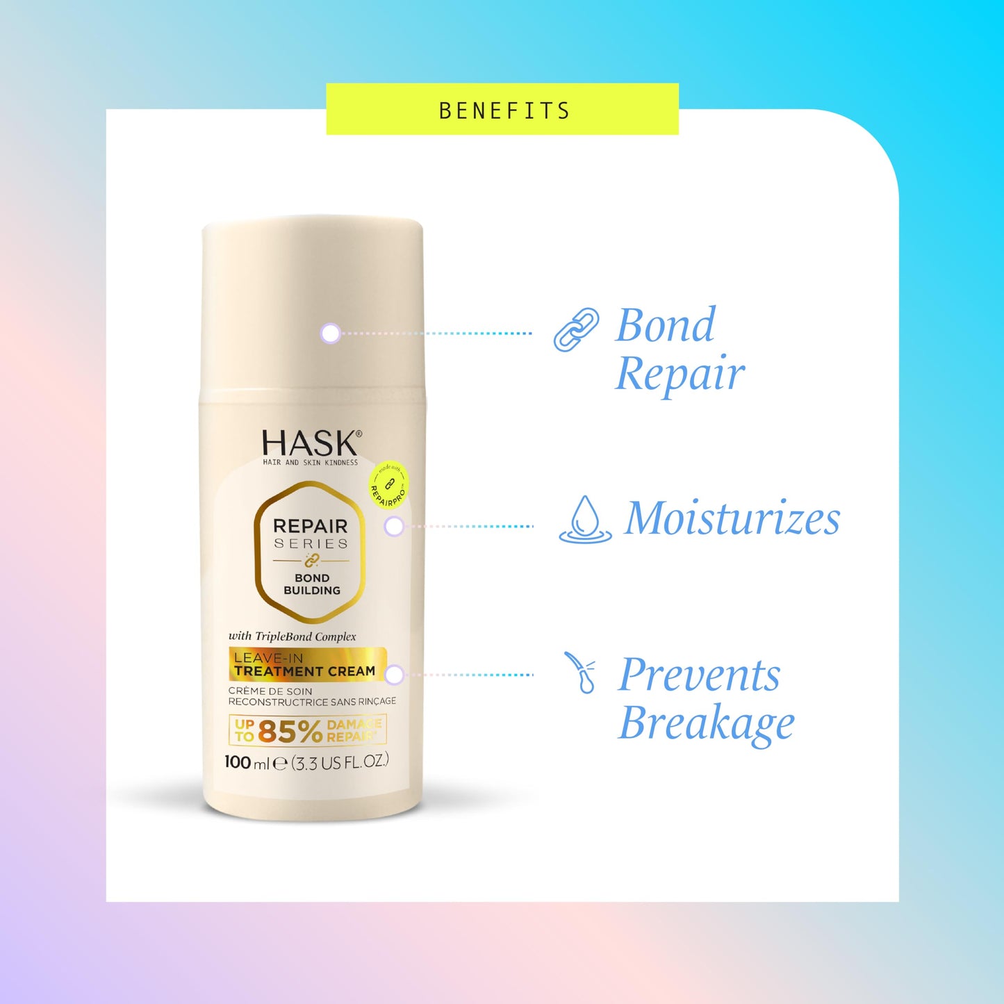 HASK Bond Building Leave-In Treatment Cream with TripleBond Complex & Argan Oil – Repairs, Strengthens & Moisturizes Hair, Sulfate-Free, 3.3 oz