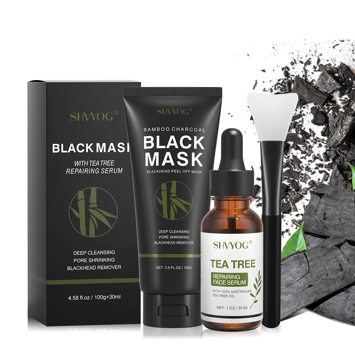 SHVYOG Blackhead Peel Off Mask 3-in-1 with Brush & Tea Tree Oil Serum, Charcoal Deep Cleansing for Pores, Oil & Dirt, 100g+30ml